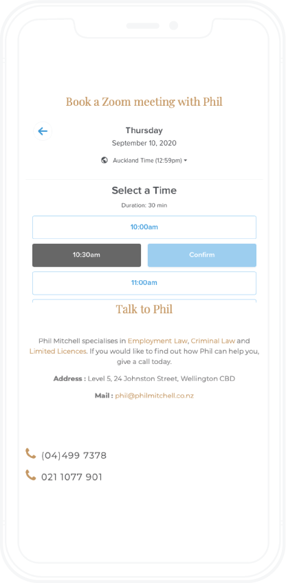 Mobile mock up of calendly integration with WP site